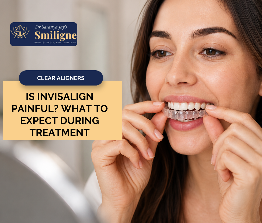 Adult wearing clear aligners and smiling while checking their teeth during orthodontic treatment.