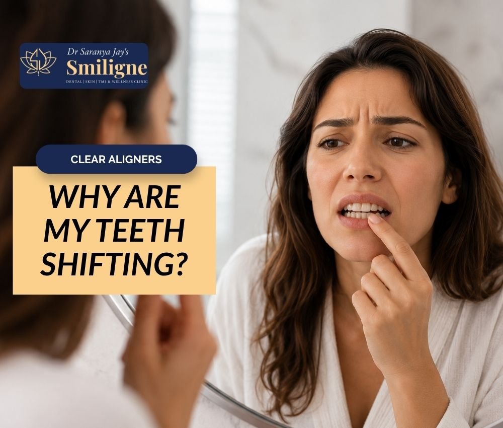 Adult woman examining crooked front teeth in a mirror after noticing her teeth shifting.