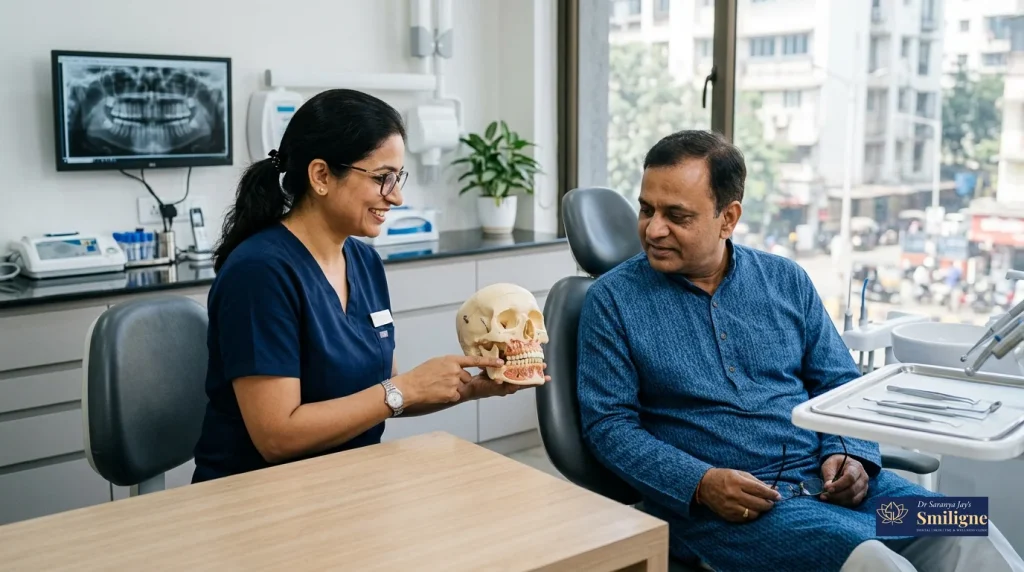 A TMJ specialist in Kochi explaining a human jaw model to a patient in a clinical setting.